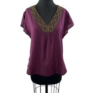 Loomstate Purple S Tunic Top Organic Cotton V-Neck Beaded Cap Sleeve Pullover